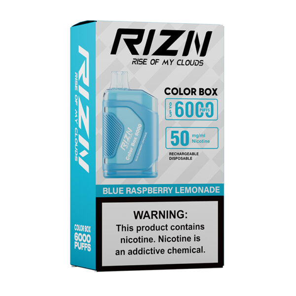 RIZN Color Box Rechargeable Disposable Vape in Blue Raspberry Lemonade flavor individual box shown.