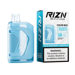RIZN Color Box Rechargeable Disposable Vape in Blue Raspberry Lemonade flavor individual box and vape are shown.