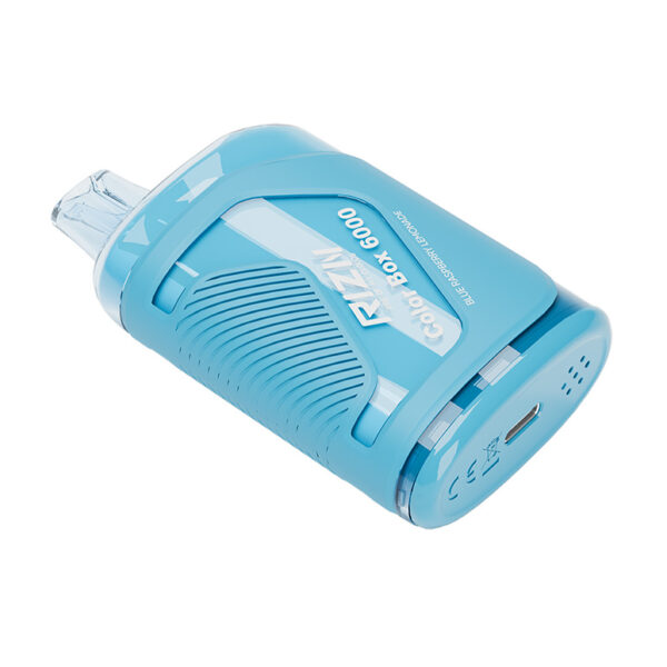 RIZN Color Box Rechargeable Disposable Vape in Blue Raspberry Lemonade flavor individual vape shown laying down.