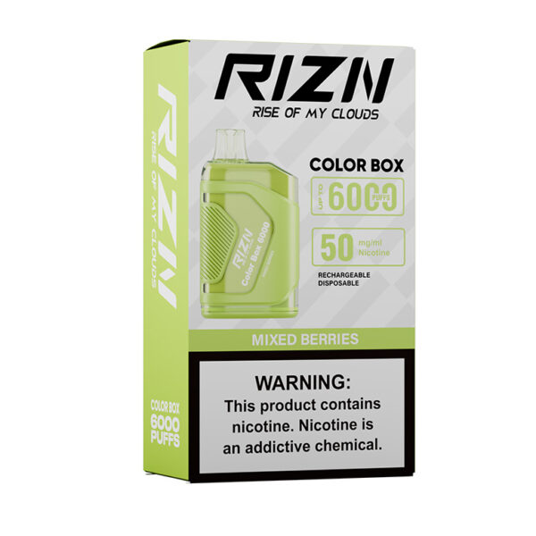 RIZN Color Box Rechargeable Disposable Vape in Mixed Berries flavor individual box shown.