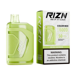 RIZN Color Box Rechargeable Disposable Vape in Mixed Berries flavor individual box and vape are shown.