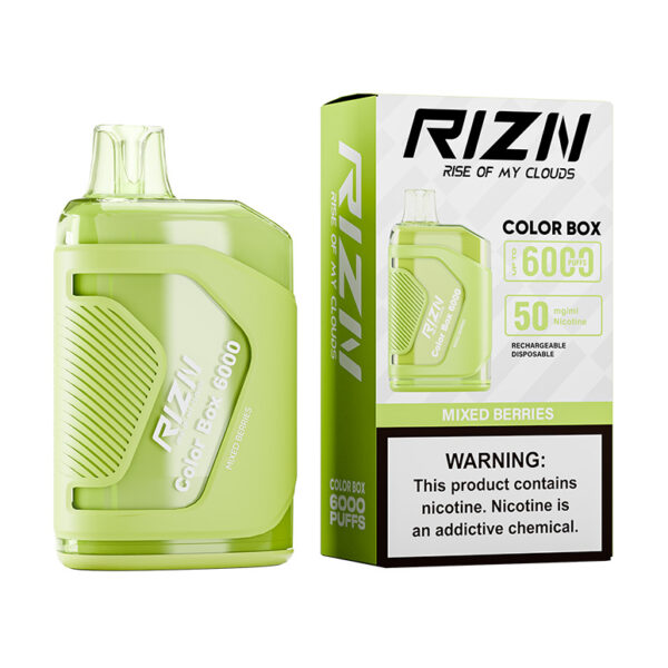 RIZN Color Box Rechargeable Disposable Vape in Mixed Berries flavor individual box and vape are shown.