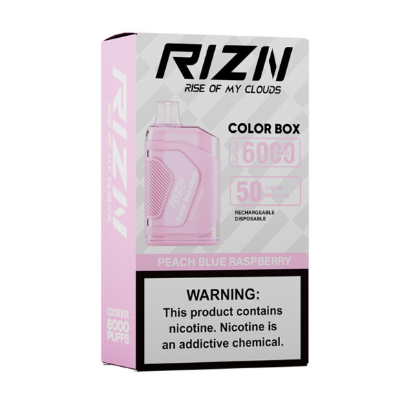 RIZN Color Box Rechargeable Disposable Vape in Peach Blue Raspberry flavor individual box shown