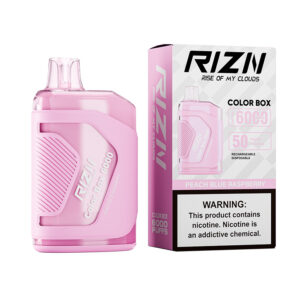 RIZN Color Box Rechargeable Disposable Vape in Peach Blue Raspberry flavor individual box and vape are shown.