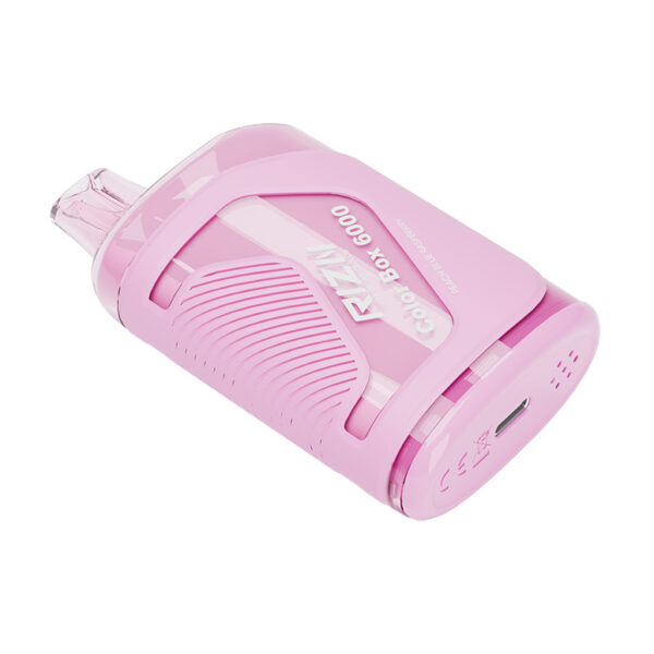 RIZN Color Box Rechargeable Disposable Vape in Peach Blue Raspberry flavor individual vape shown laying down.