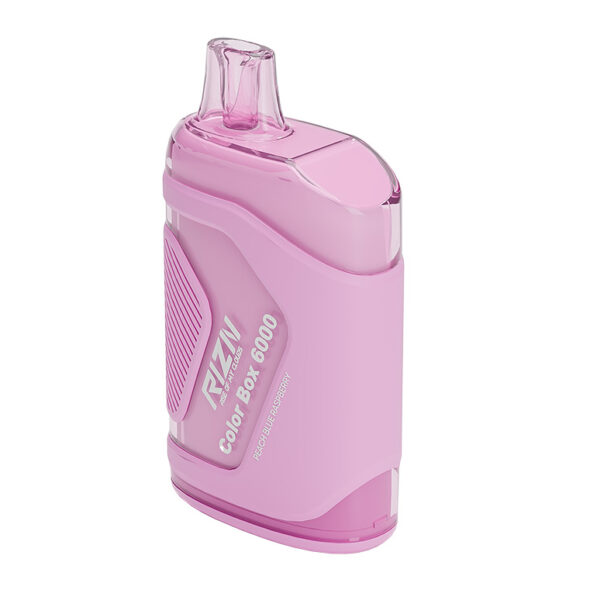 RIZN Color Box Rechargeable Disposable Vape in Peach Blue Raspberry flavor individual vape are shown.