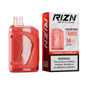 RIZN Color Box Rechargeable Disposable Vape in Strawberry Watermelon flavor individual box and vape are shown.
