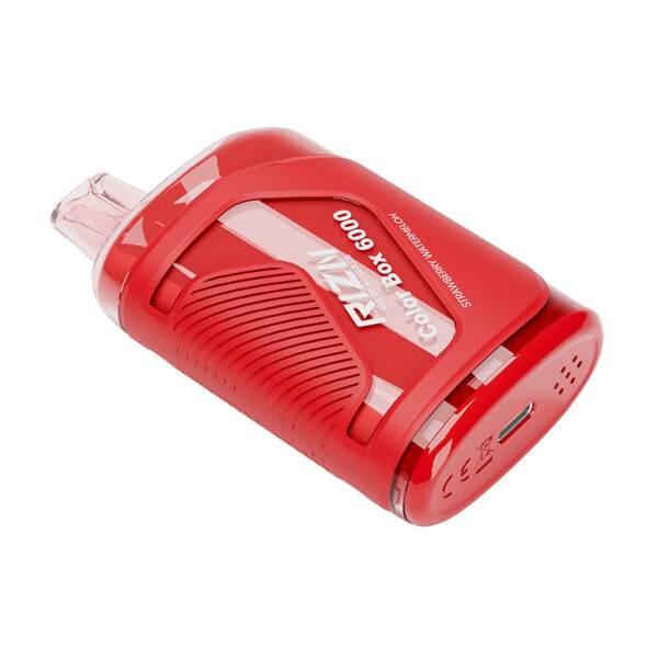 RIZN Color Box Rechargeable Disposable Vape in Strawberry Watermelon flavor individual vape shown laying down.